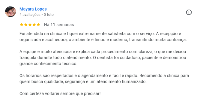 Depoimento de paciente da clínica odontológica em Manaus Sanmede — avaliação Google 1 sobre dentista em Manaus